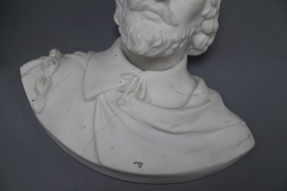 A Meissen style figure of a lady, height 19cm, and a biscuit bust of Shakespeare,